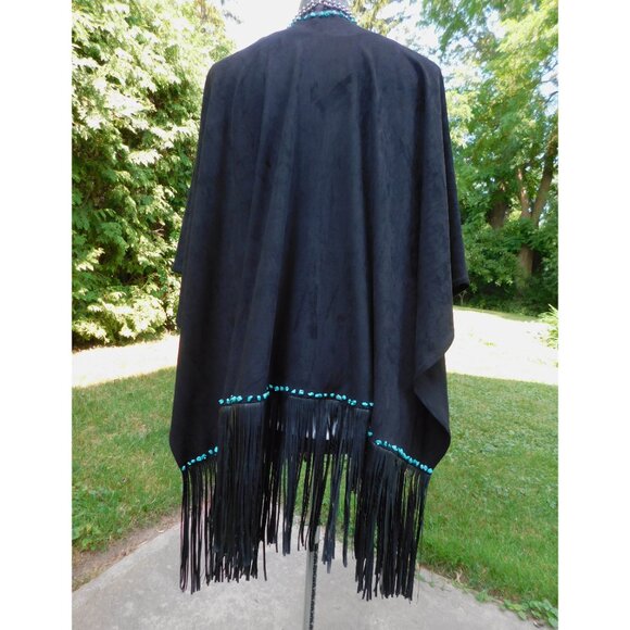 Black Thick Faux Suede and Leather Fringe Poncho with Turquoise Stone Beads O/S - Picture 5 of 6